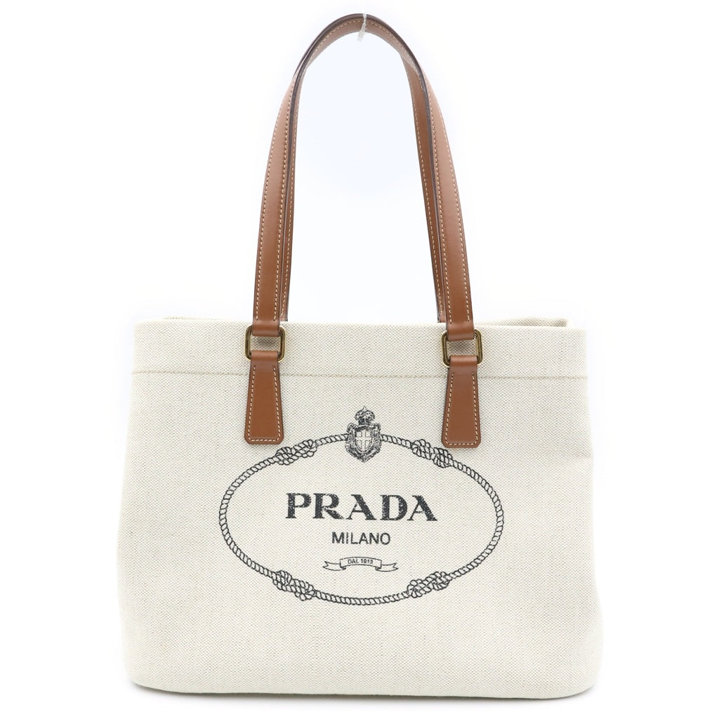 PRADA(プラダ) トートバッグ ロゴ キャンバス レザー ホワイト/ブラウン 1BG413 レディース