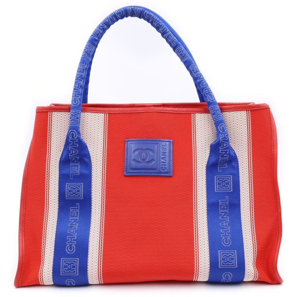 CHANEL(シャネル) スポーツライン ココマーク レザーパッチ キャンバス トートバッグ レッド/ブルー 12番台 レディース