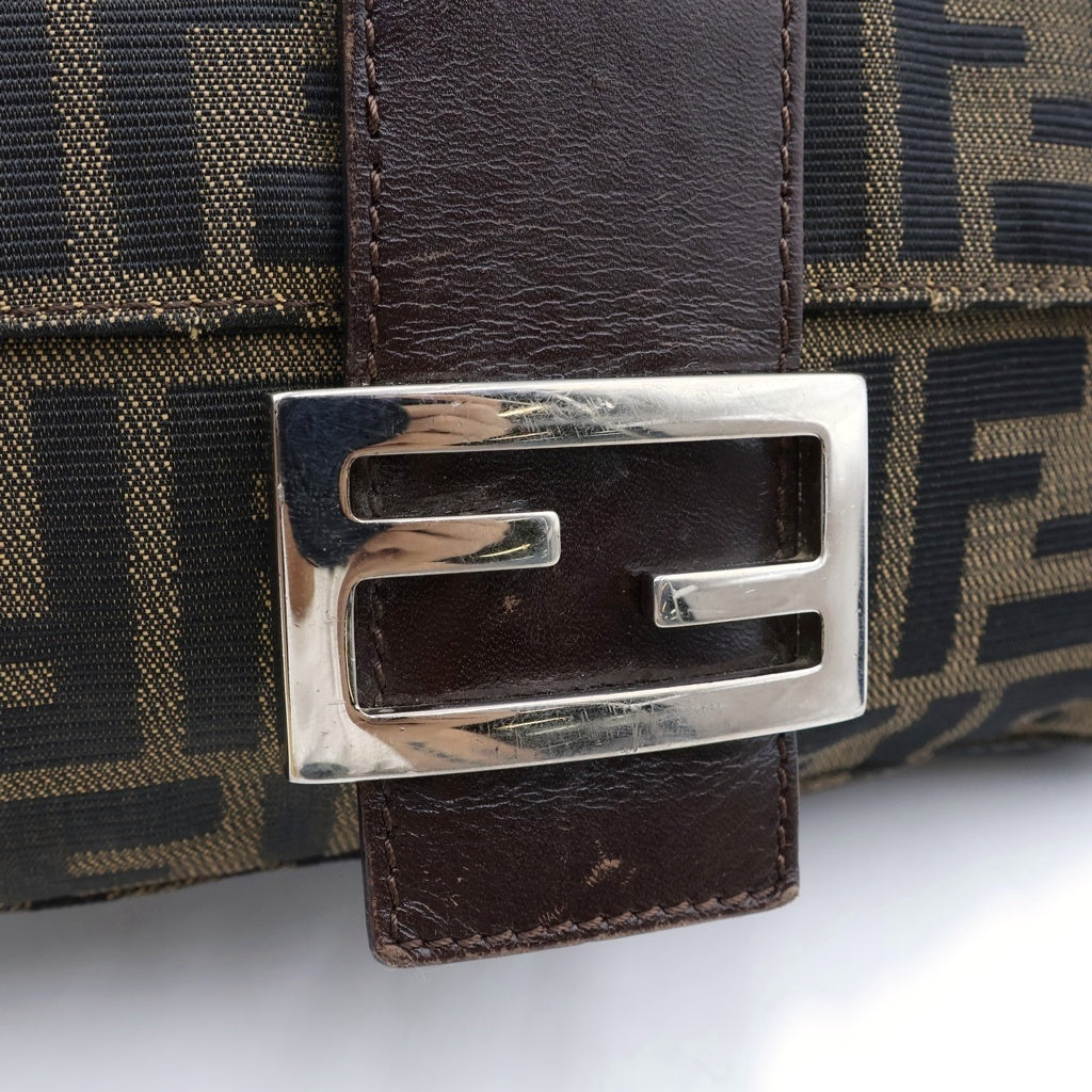 FENDI(フェンディ) ズッカ柄 マンマバケット ワンショルダーバッグ ブラウン レザー×キャンバス 33492 シルバー金具 レディース