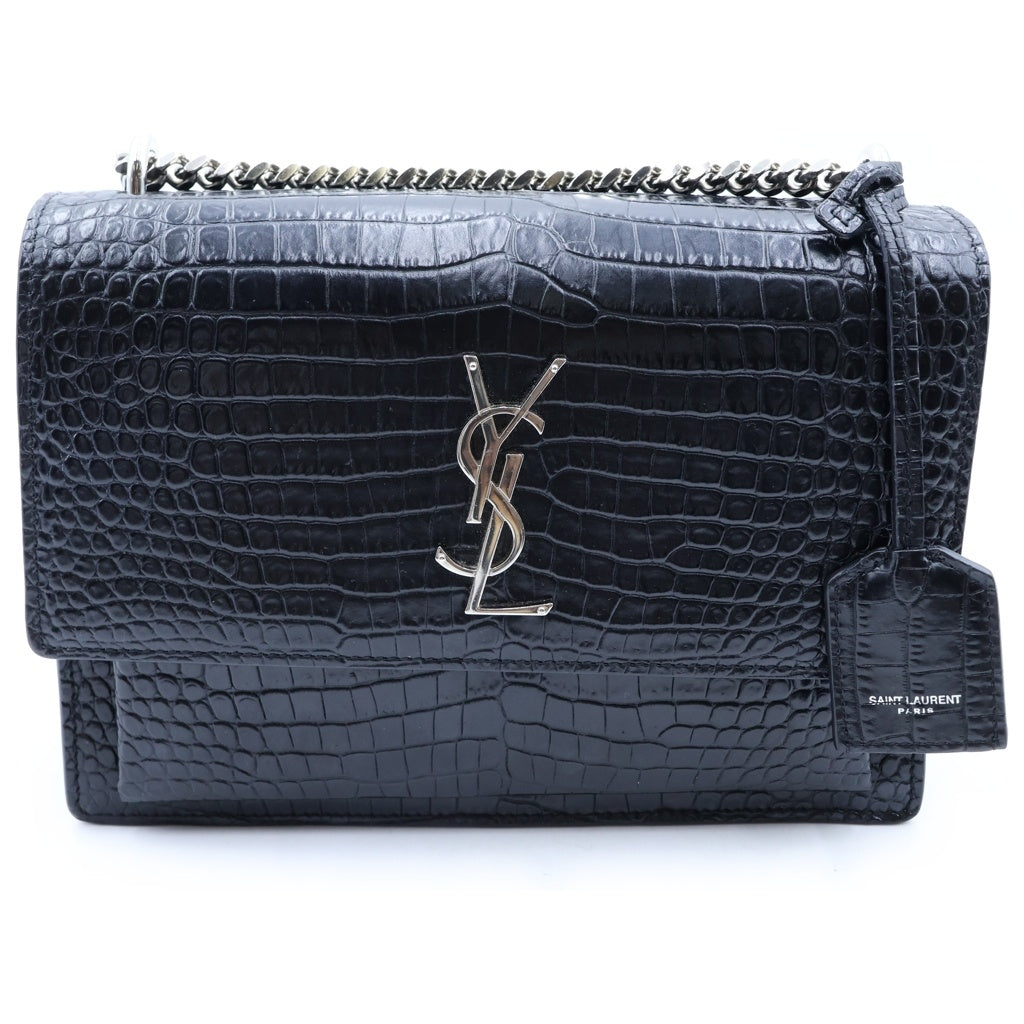 SAINT LAURENT PARIS(サンローランパリ) サンセット ミディアム チェーンショルダーバッグ ブラック 型押しクロコ レザー 442906 シルバー金具 レディース