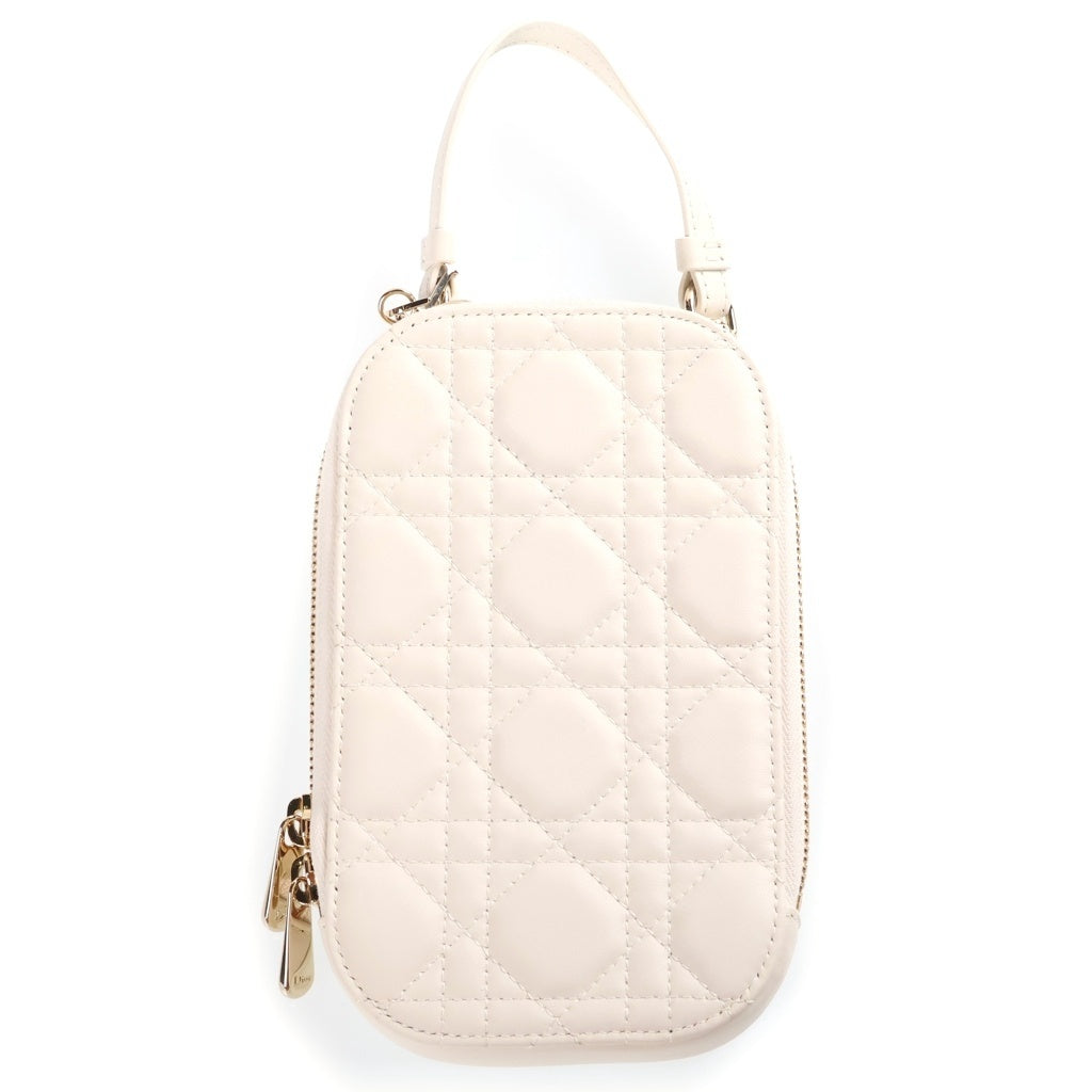Christian Dior(クリスチャンディオール) カナージュ フォンホルダー チェーンショルダー ポーチ レザー ホワイト レディース
