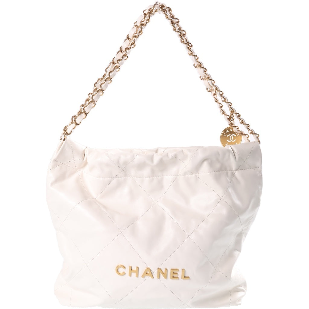 CHANEL(シャネル) シャネル22 ミディアム チェーンショルダーバッグ ホワイト カーフスキン プレートシリアル AS3261 ゴールド金具 レディース