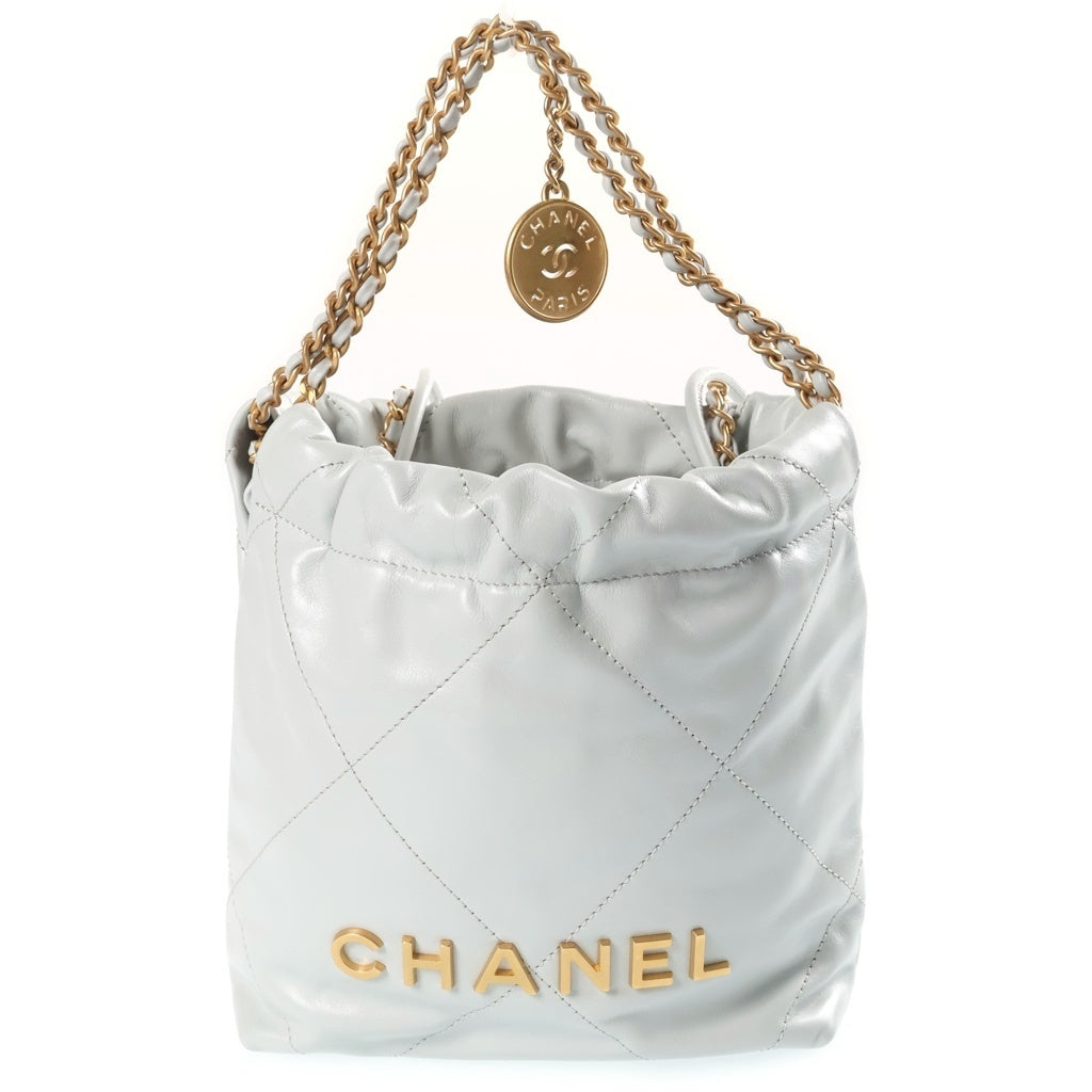 CHANEL(シャネル) シャネル22 ミニ ハンドバック チェーンショルダー 2way 巾着バッグ カーフスキン ゴールド金具 グレーブルー レディース