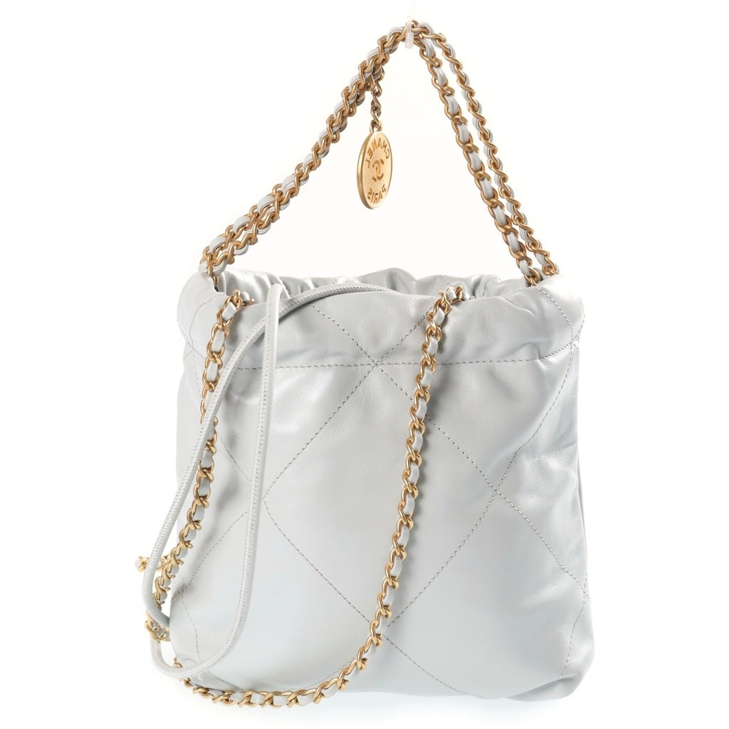 CHANEL(シャネル) シャネル22 ミニ ハンドバック チェーンショルダー 2way 巾着バッグ カーフスキン ゴールド金具 グレーブルー レディース