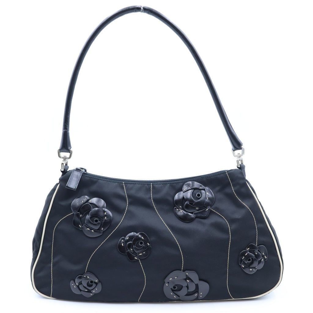PRADA(プラダ) レザーフラワー ワンショルダーバッグ ブラック ナイロン×レザー B11035 シルバー金具 レディース