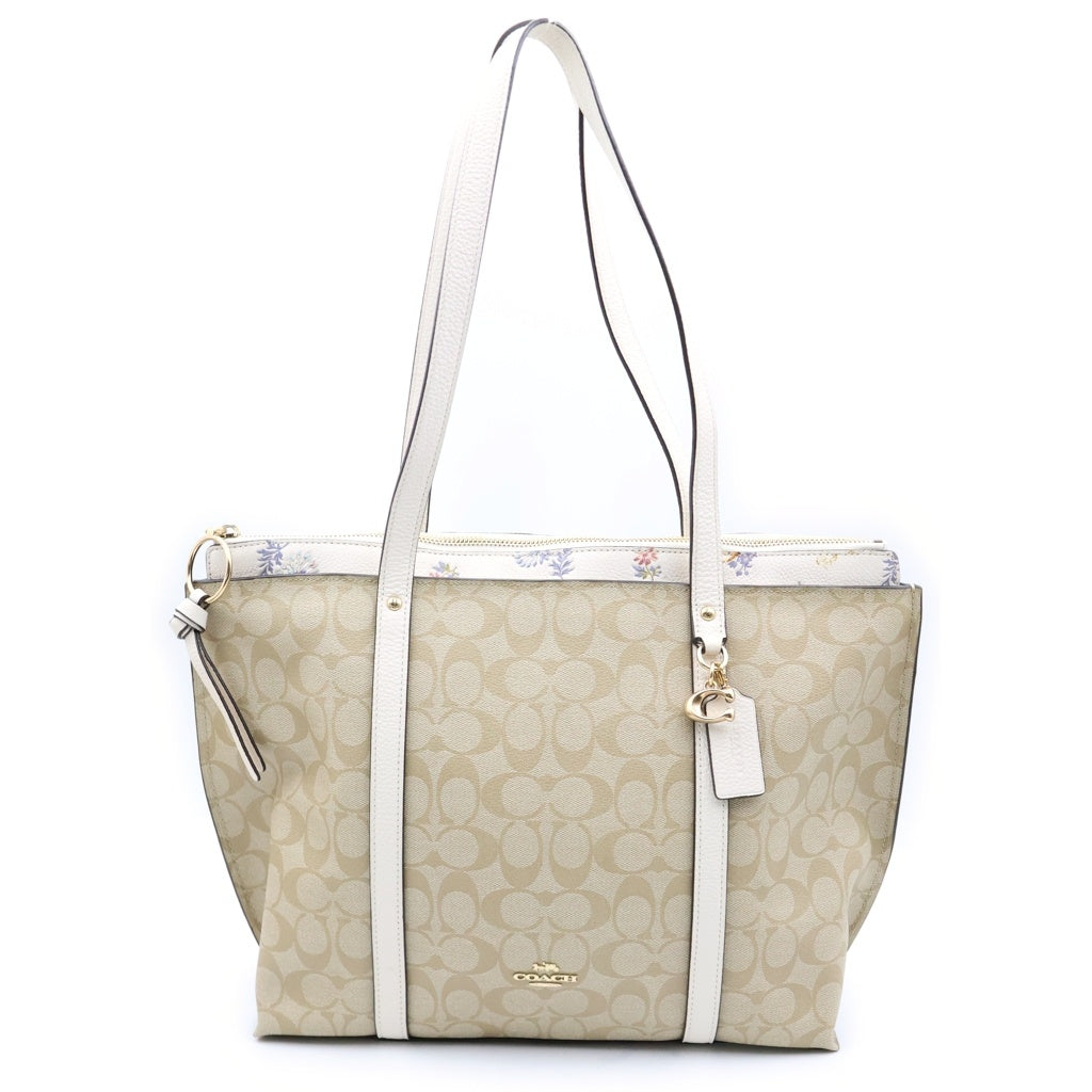 COACH(コーチ) フラワープリント シグネチャー トートバッグ ハンドバッグ ベージュ×ホワイト レザー×PVC ゴールド金具 レディース