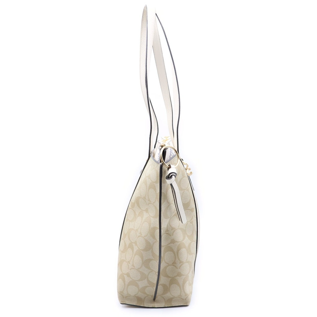 COACH(コーチ) フラワープリント シグネチャー トートバッグ ハンドバッグ ベージュ×ホワイト レザー×PVC ゴールド金具 レディース