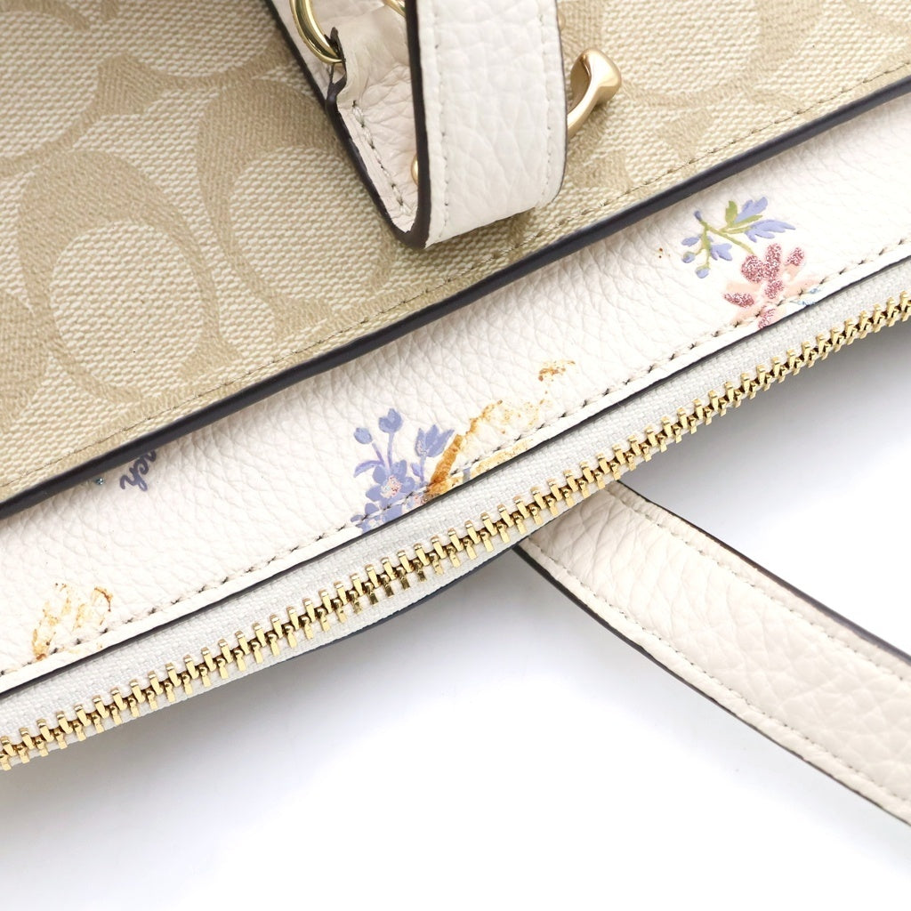 COACH(コーチ) フラワープリント シグネチャー トートバッグ ハンドバッグ ベージュ×ホワイト レザー×PVC ゴールド金具 レディース