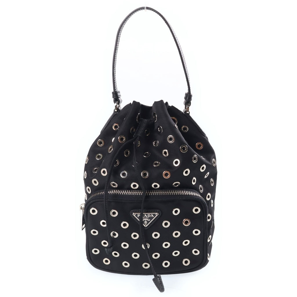 PRADA(プラダ) パンチング 2WAYハンドバッグ ショルダーバッグ ブラック レザー×ナイロン 1NE864 シルバー金具 レディース