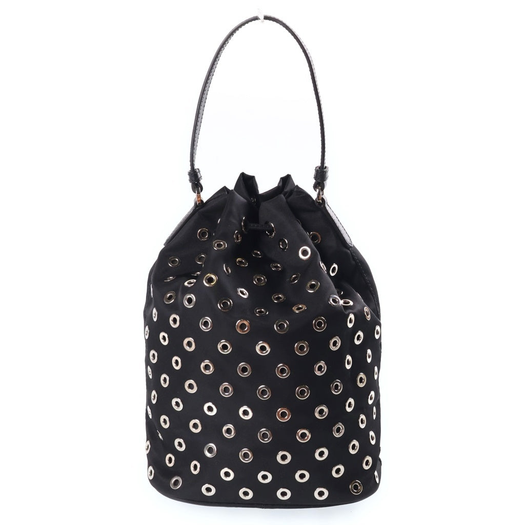 PRADA(プラダ) パンチング 2WAYハンドバッグ ショルダーバッグ ブラック レザー×ナイロン 1NE864 シルバー金具 レディース