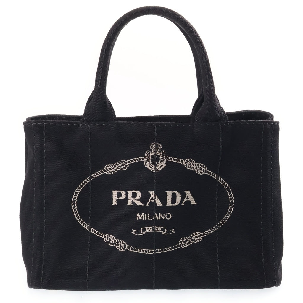 PRADA(プラダ) カナパ トライアングルロゴプレート キャンバス 2WAY ハンド ショルダー トートバッグ ブラック ゴールド金具 1BG439 レディース