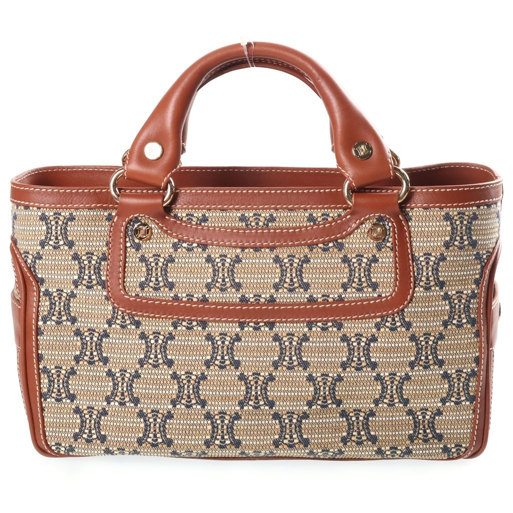 CELINE(セリーヌ) マカダム ブギーバッグ ハンドバッグ アイボリー×ブラウン レザー×キャンバス ゴールド金具 レディース