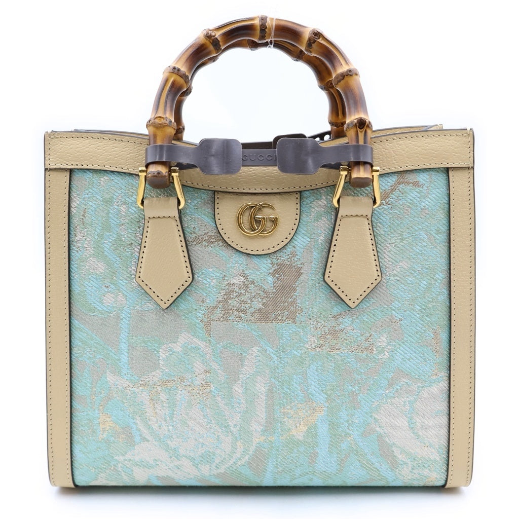 GUCCI(グッチ) ×HOSOO 細尾 ダイアナ スモール 西陣織 バンブー キャンバス レザー 2WAY ハンド ショルダーバッグ ベージュ/ライトブルー 702721 レディース