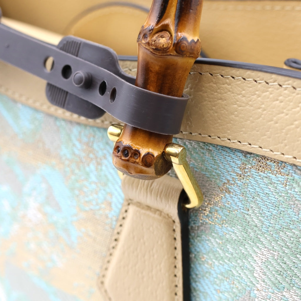 GUCCI(グッチ) ×HOSOO 細尾 ダイアナ スモール 西陣織 バンブー キャンバス レザー 2WAY ハンド ショルダーバッグ ベージュ/ライトブルー 702721 レディース