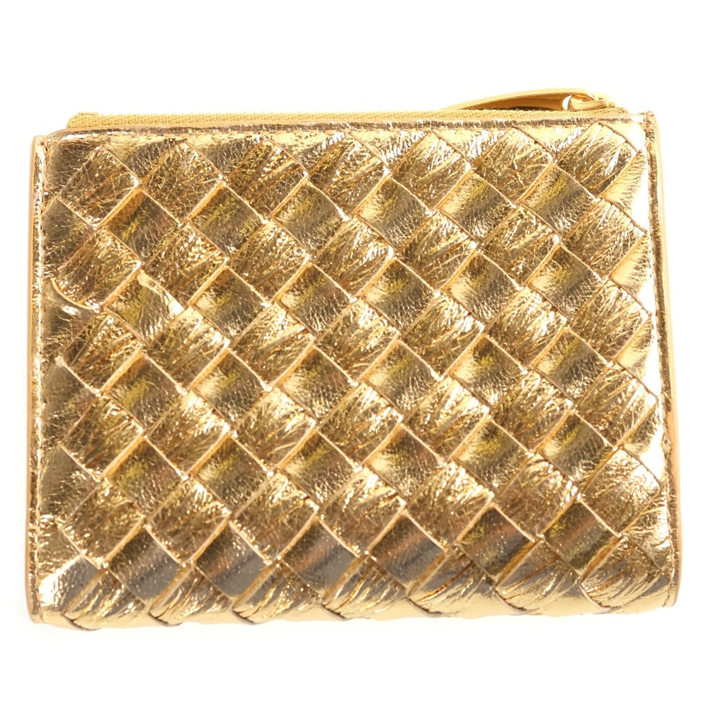 BOTTEGA VENETA(ボッテガヴェネタ) イントレチャート 二つ折り財布 コンパクトウォレット コインケース ゴールド レザー ゴールド金具 レディース