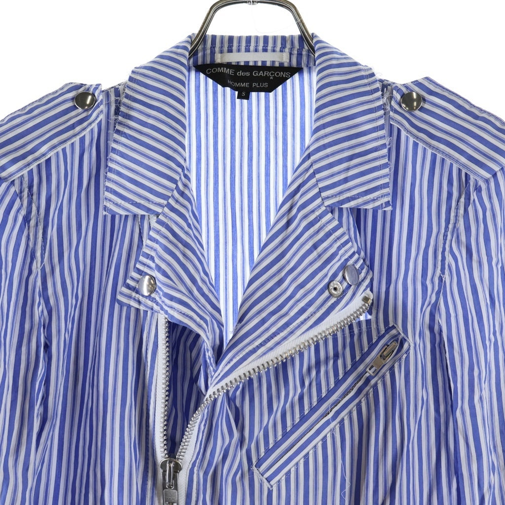 COMME des GARCONS HOMME PLUS(コムデギャルソンオムプリュス) 16SS コットンストライプ アシンメトリー ライダースジャケット ホワイト×ブルー S PQ-B042