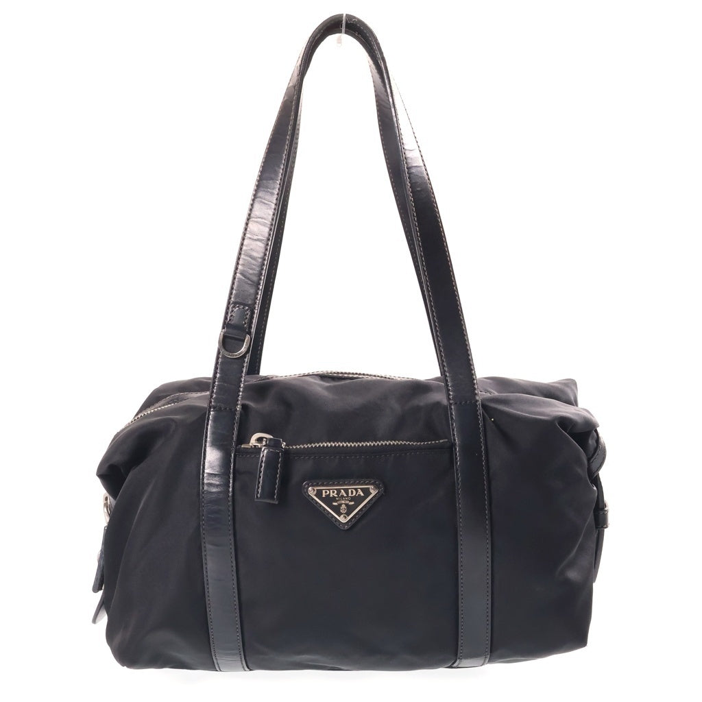 PRADA(プラダ) トライアングルロゴ ハンドバッグ レザー×ナイロン シルバー金具 レディース
