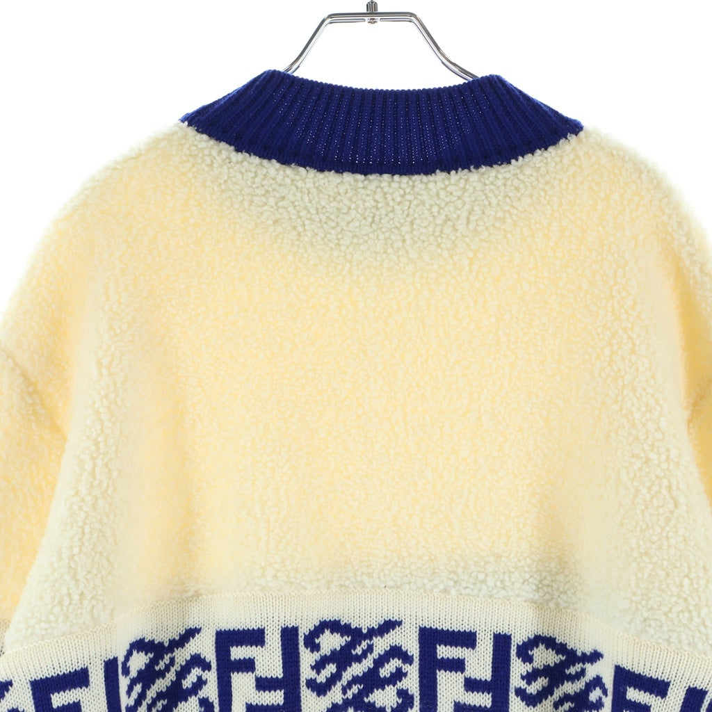 FENDI(フェンディ) クルーネック ロゴデザイン ボア ニット セーター アイボリー×ブルー #52 レディース