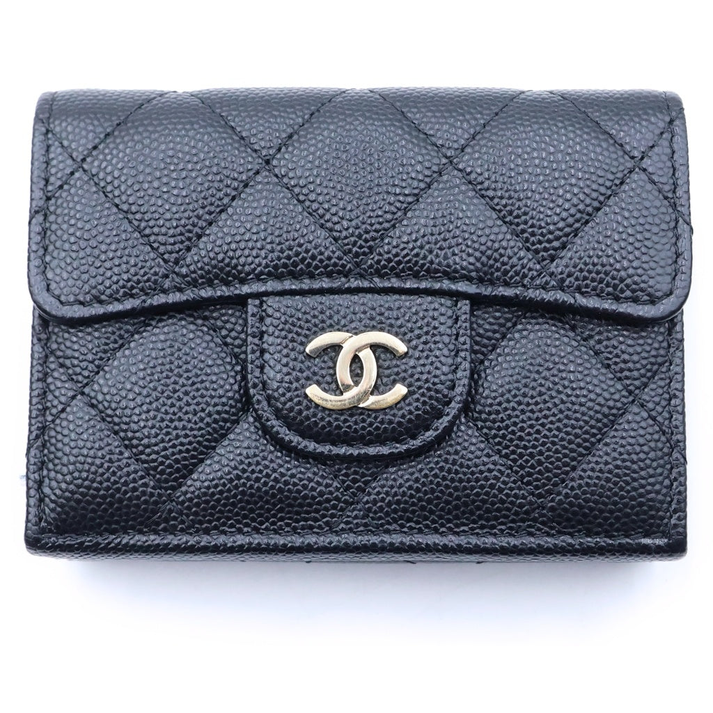 CHANEL(シャネル) マトラッセ ココマークスモール 三つ折り財布 ゴールド金具 キャビアスキン ブラック レディース