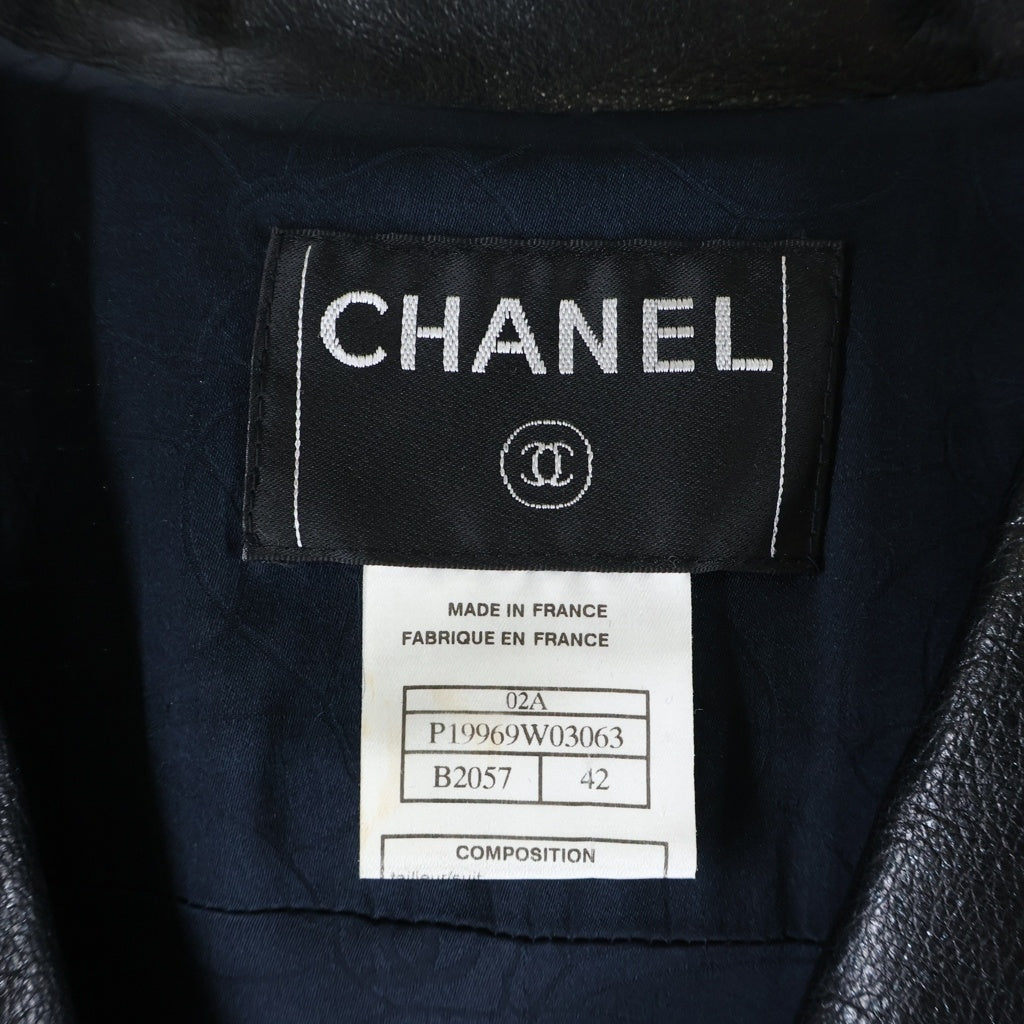 CHANEL(シャネル) セットアップ ツイード 総柄 レザー切り替え テーラードジャケット ミディアムスカート ブラック レディース P19969W03063