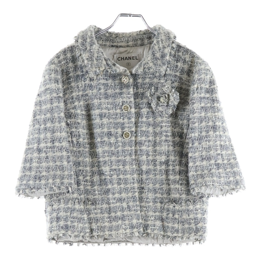 CHANEL(シャネル) 05A ココマーク パールボタン ファンシー ラメ ツイード 7分袖 ステンカラー ジャケット グレー レディース P26859V17036
