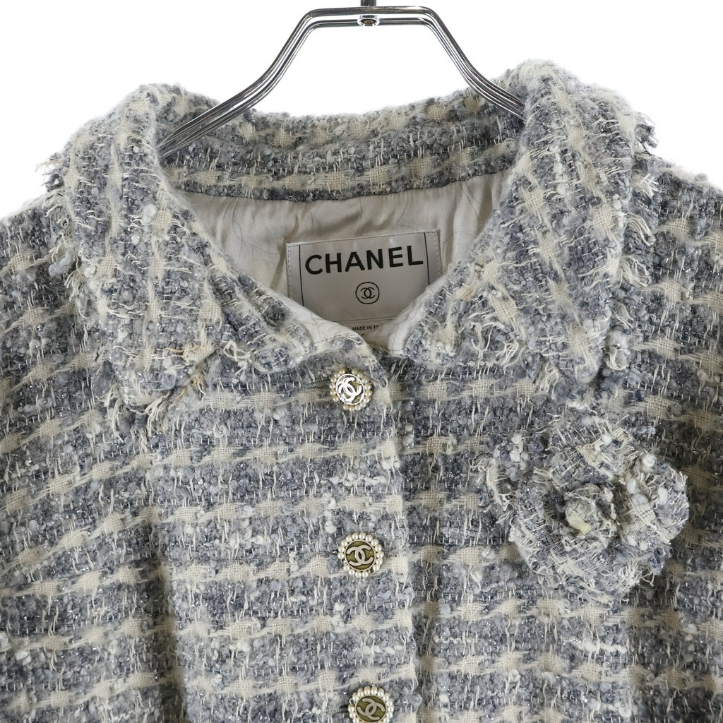 CHANEL(シャネル) 05A ココマーク パールボタン ファンシー ラメ ツイード 7分袖 ステンカラー ジャケット グレー レディース P26859V17036