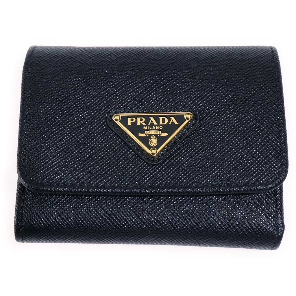 PRADA(プラダ) サフィアーノ コンパクトウォレット 三つ折り財布 コインケース ブラック レザー 1MH043 ゴールド金具