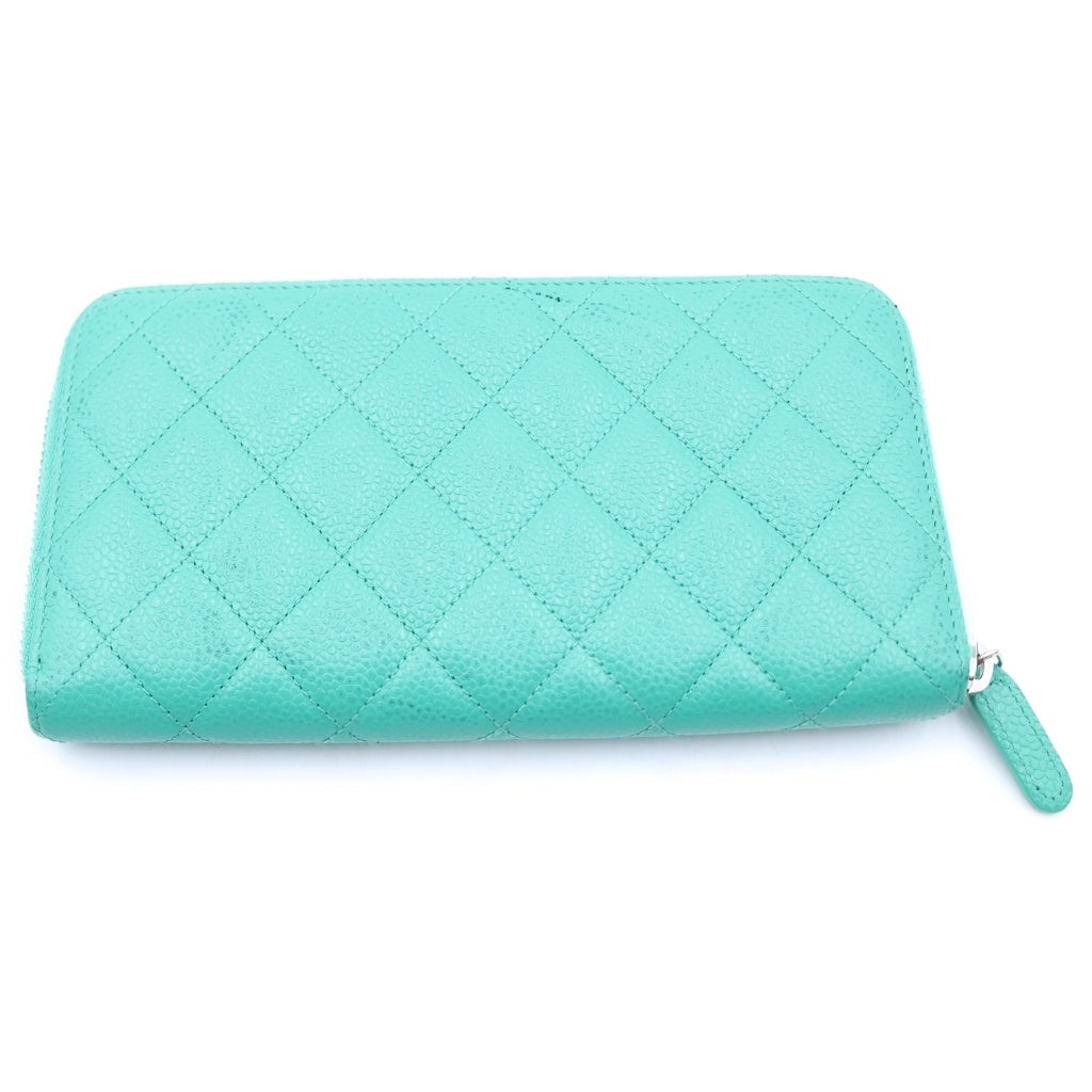 CHANEL(シャネル) ココマーク マトラッセ ラウンドジップ長財布 グリーン キャビアスキン シルバー金具 シール有 20番台 レディース