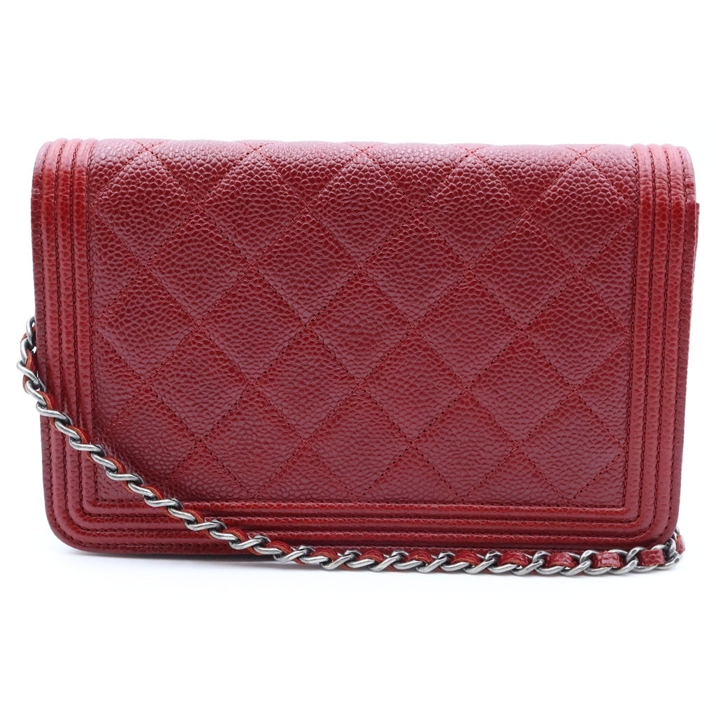 CHANEL(シャネル) ボーイシャネル マトラッセ キャビアスキン レザー チェーンウォレット ショルダーバッグ シルバー金具 レッド 20番台 レディース