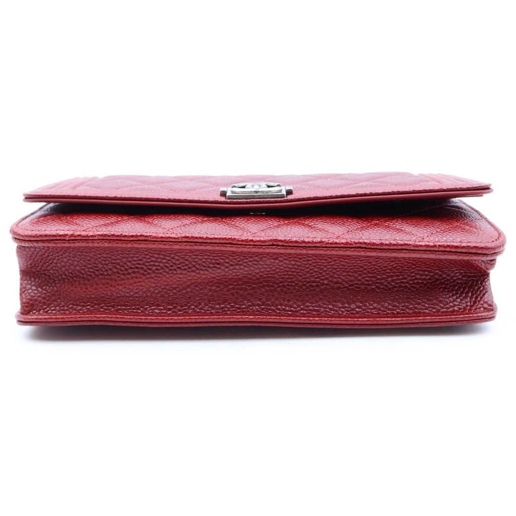CHANEL(シャネル) ボーイシャネル マトラッセ キャビアスキン レザー チェーンウォレット ショルダーバッグ シルバー金具 レッド 20番台 レディース