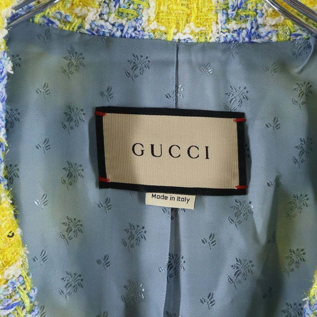 GUCCI(グッチ) インターロッキングG ツイード テーラードジャケット イエロー/ブルー 752649 レディース