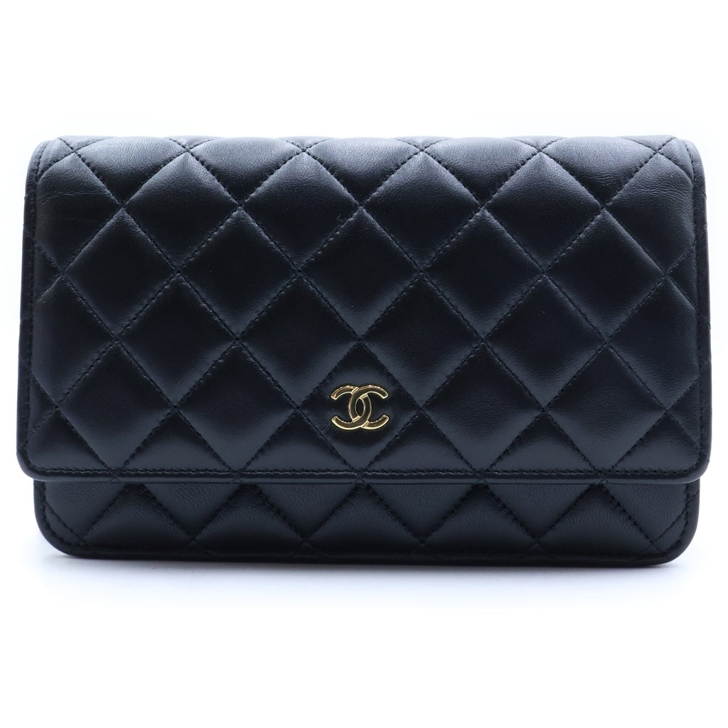 CHANEL(シャネル) マトラッセ チェーンウォレット ショルダーバッグ ブラック ラムスキン プレート AP0250 ゴールド金具 レディース