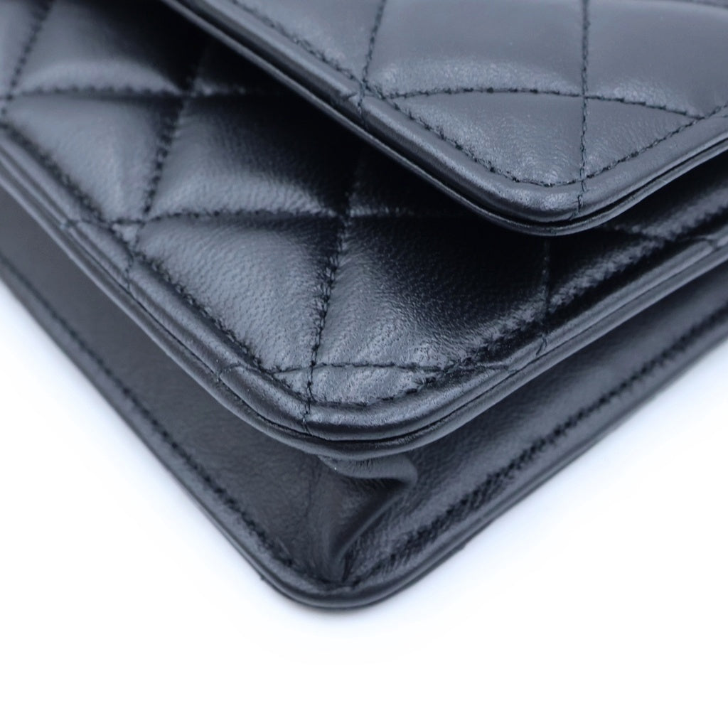 CHANEL(シャネル) マトラッセ チェーンウォレット ショルダーバッグ ブラック ラムスキン プレート AP0250 ゴールド金具 レディース