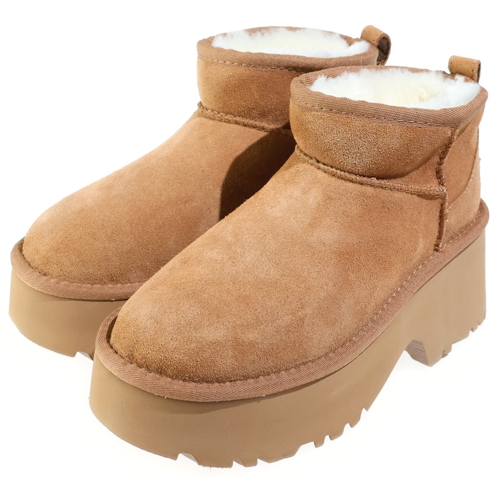 UGG(アグ) Classic Ultra Mini New Heights クラシック ウルトラミニ ムートン スエードレザー ボアライニング 厚底 ショートブーツ ブラウン レディース 1158311