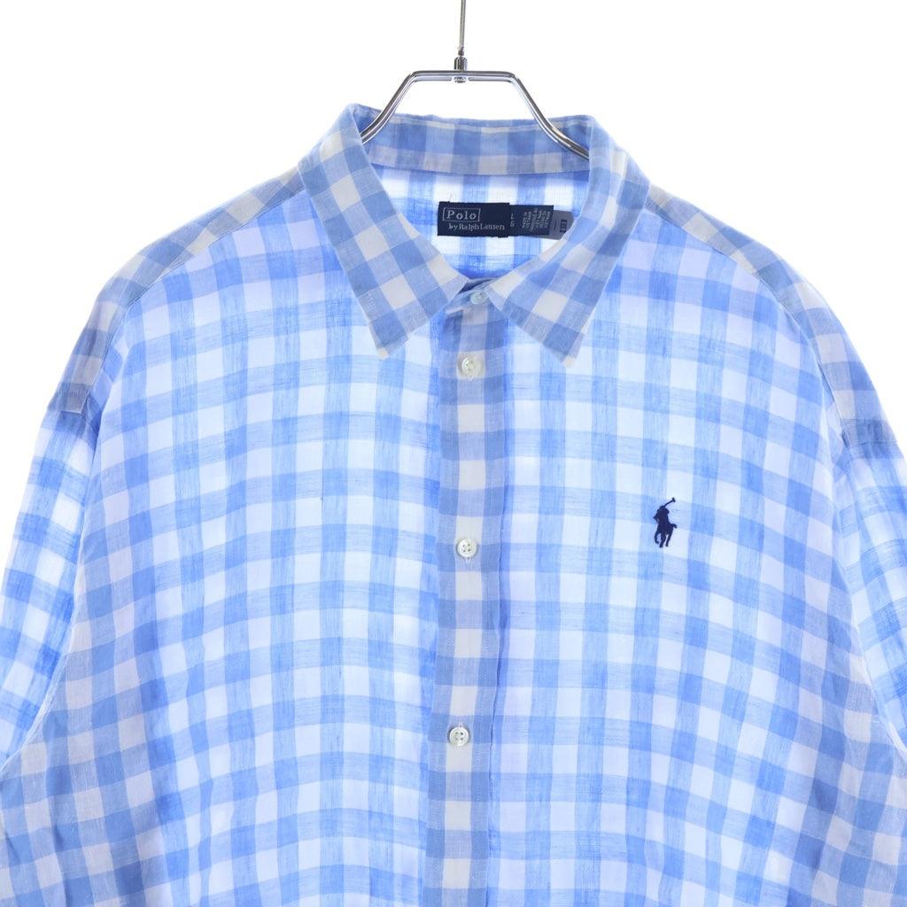 POLO RALPH LAUREN(ポロラルフローレン) ブロックチェック 長袖リネンシャツ ブルー/ホワイト レディース