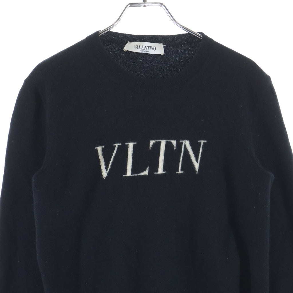 VALENTINO(ヴァレンティノ) Cashmere Wool Logo Knit Sweater フロントロゴ刺繍 クルーネック長袖ニット セーター ブラック SB3KC10546T レディース