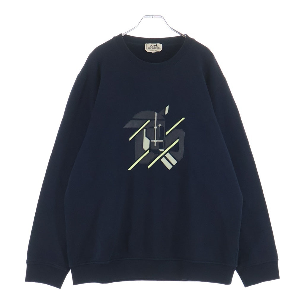 HERMES(エルメス) シュヴォー アン シンメトリー スウェット トレーナー レザーパッチ ネイビー