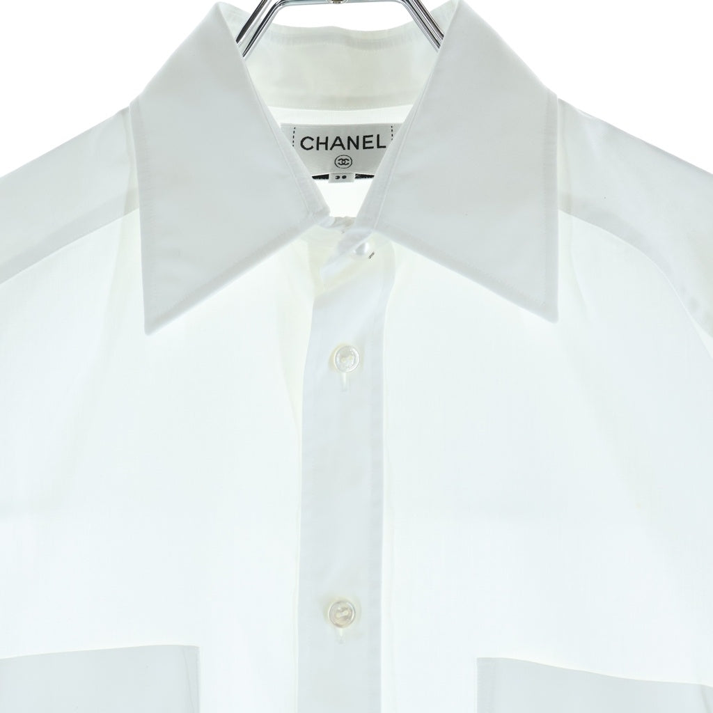 CHANEL(シャネル) 26AW ×Charvet シャルベ ロゴ刺繍 パールボタン チェーン装飾 長袖シャツ ブラウス ホワイト レディース P81751V74502