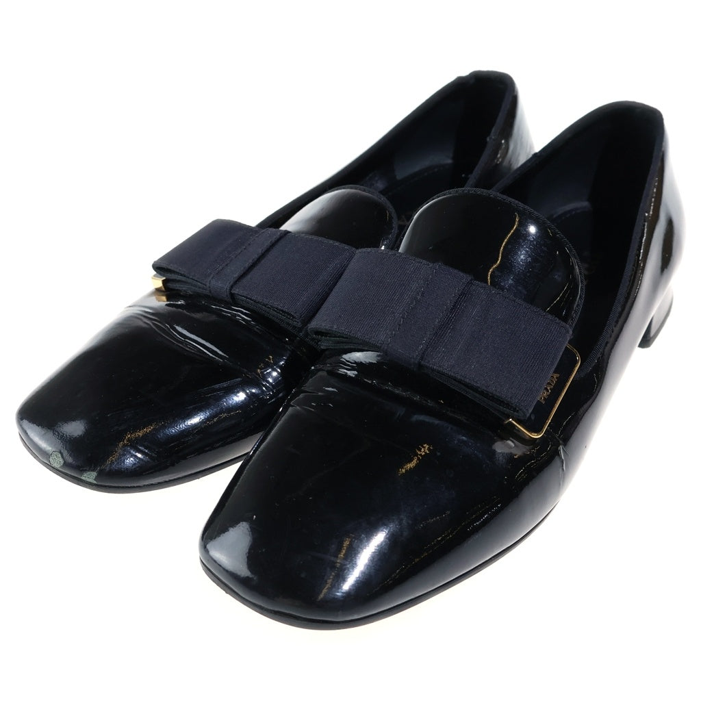 PRADA(プラダ) リボン パテントレザー スクエアトゥ ローカットシューズ ローファー ブラック レディース