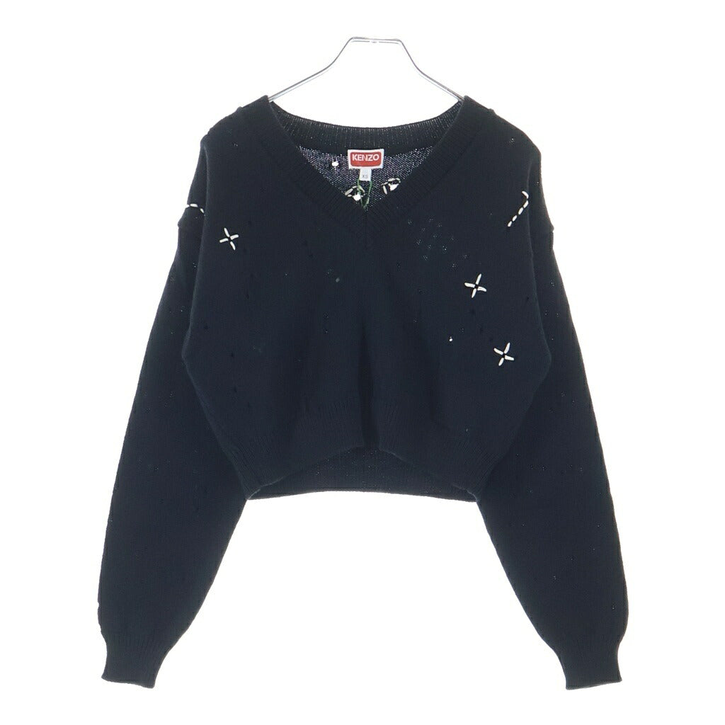 KENZO(ケンゾー) クロップド丈刺繍デザイン Vネックニット セーター ブラック 116674