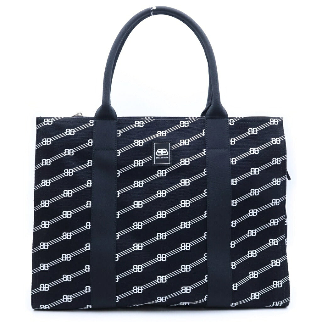 BALENCIAGA(バレンシアガ) BBモノグラム トレード ラージ トートバッグ ハンドバッグ ブラック キャンバス 621826 シルバー金具