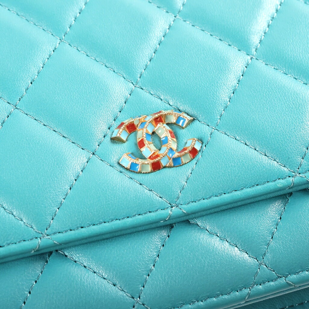 CHANEL(シャネル) マトラッセ チェーンウォレット ショルダーバッグ ターコイズブルー ラムスキン A33814 ゴールド金具