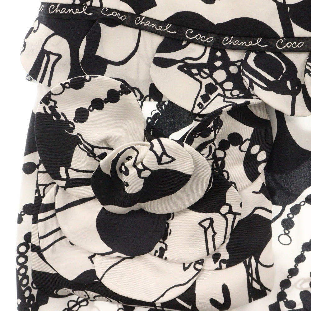 CHANEL(シャネル) ココマーク カメリア総柄 シルクスカート ホワイト×ブラック