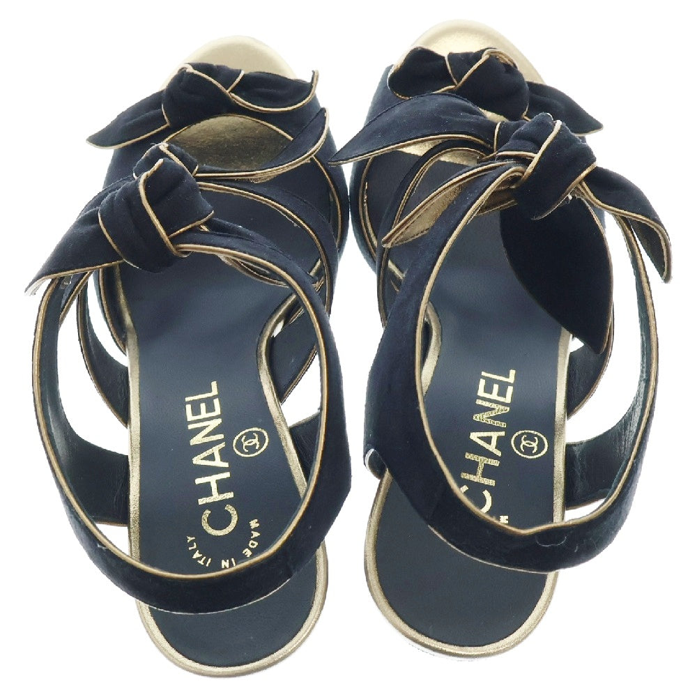 CHANEL(シャネル) リボンサンダル スエード ブラック×ゴールド ヒール 靴