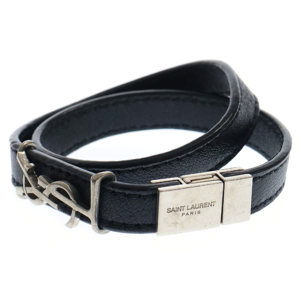 SAINT LAURENT PARIS(サンローランパリ) ロゴ ブレスレット 2連 ブラック シルバー金具 レザー