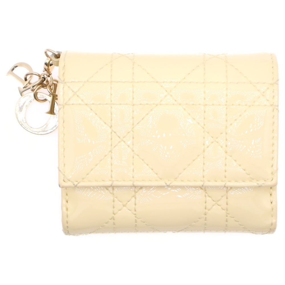 Christian Dior(クリスチャンディオール) レディディオール ロータスウォレット カナージュ パテントレザー コンパクト 三折り財布 イエロー/ゴールド レディース S0181OVRB