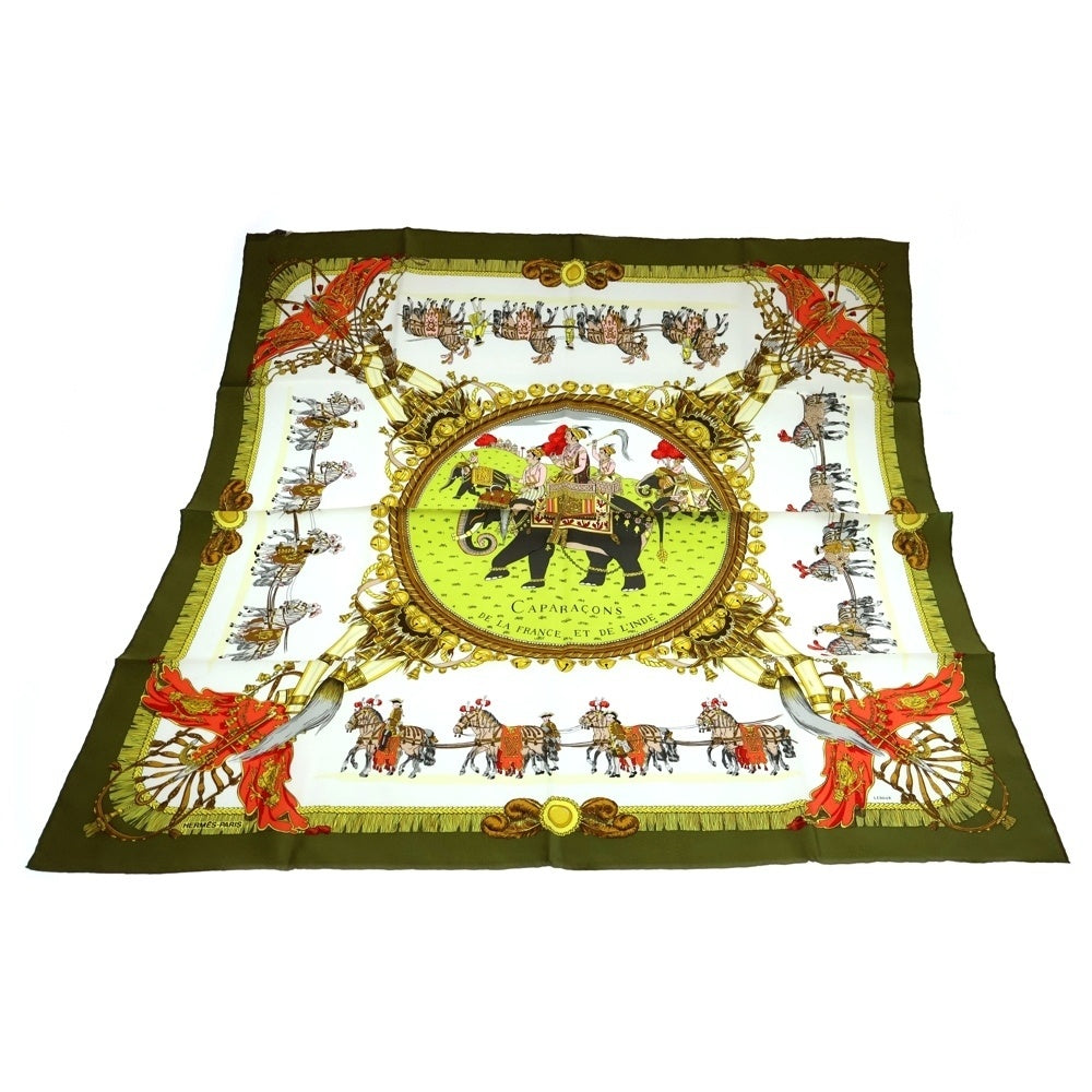 HERMES(エルメス) カレ90 CAPARACONS DE LA FRANCE ET DE L'INDE 像 グリーン マルチカラー スカーフ シルク
