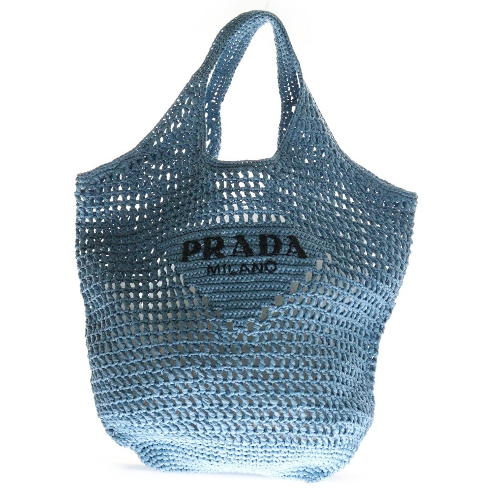 PRADA(プラダ) トライアングルロゴ クロシェ ラフィアトートバッグ かごバッグ ブルー レディース 1BG424