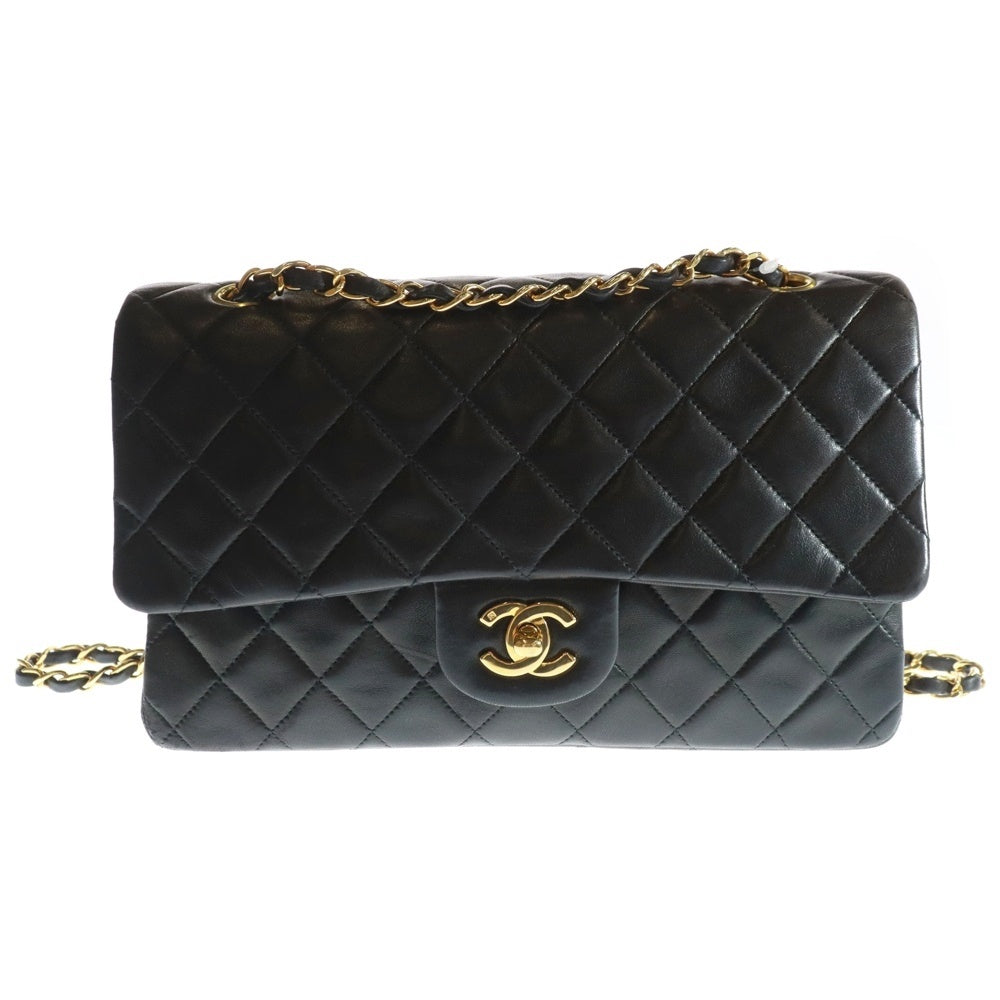 CHANEL(シャネル) マトラッセ25 ココマーク ラムスキン レザー ダブルフラップ ダブルチェーンショルダーバッグ ゴールド金具 ブラック 2番台