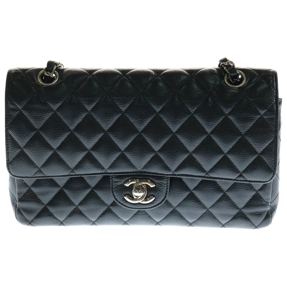 CHANEL(シャネル) マトラッセ25 キャビアスキン レザー ダブルフラップ ダブルチェーン ショルダーバッグ シルバー金具 ブラック 22番台